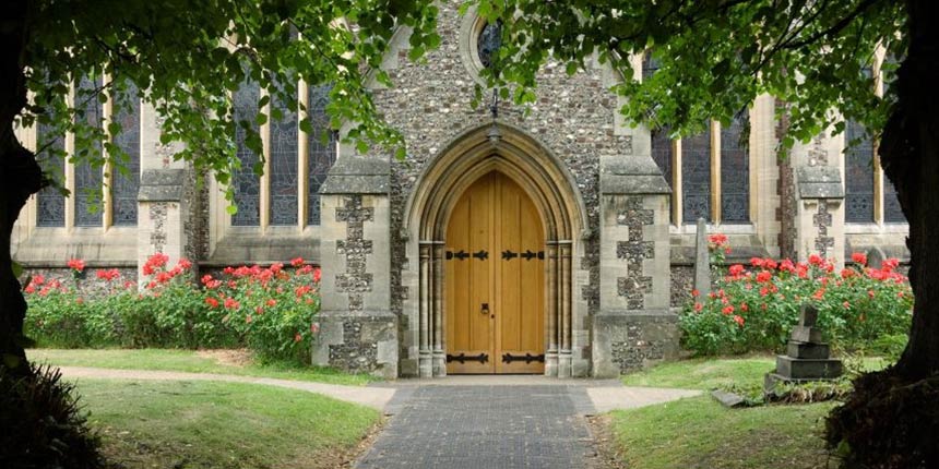 View of church doors from grounds